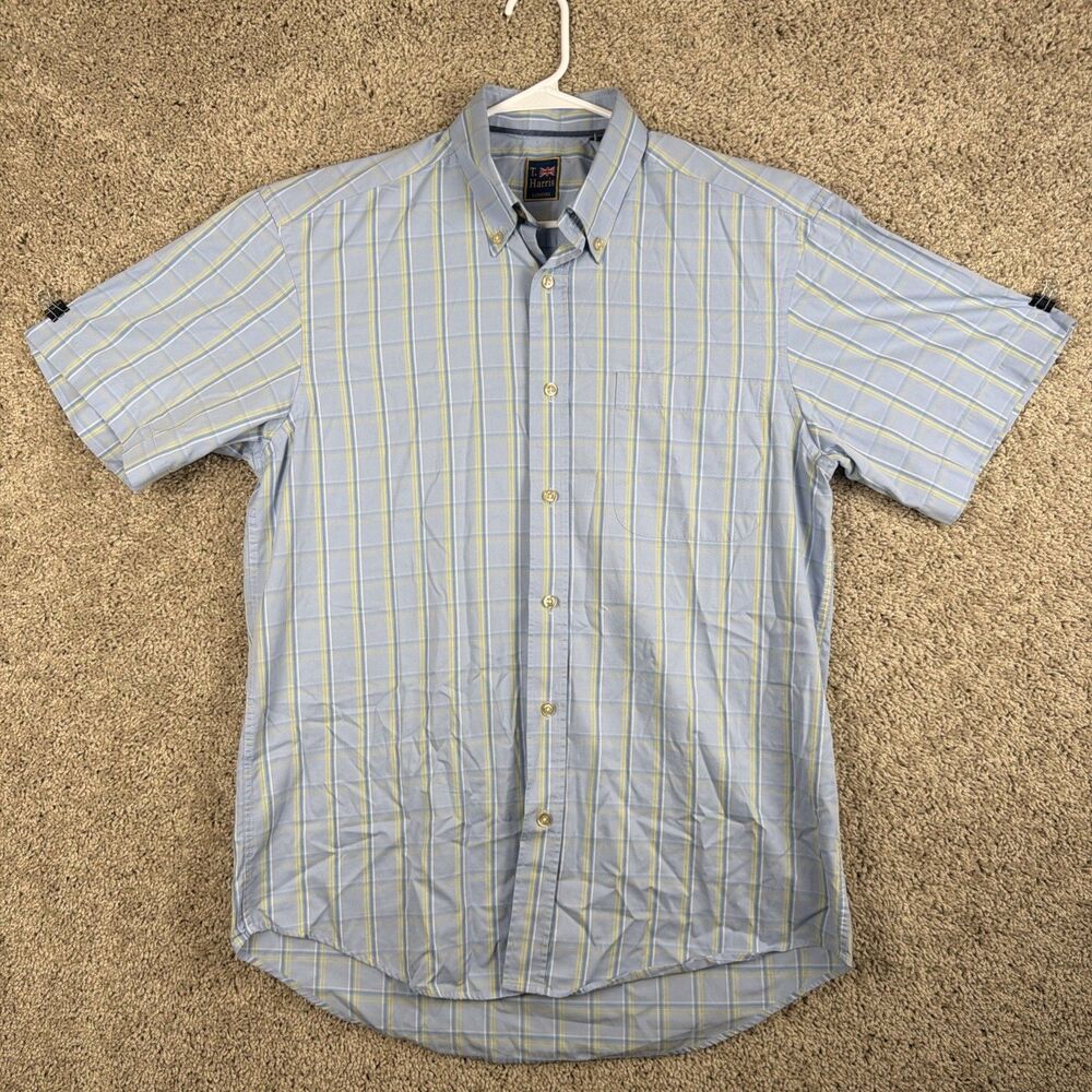 T. Harris London Plaid Short Sleeve Shirt Gentlemans Fit Blue Size L